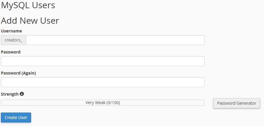 cPanel UI to create new database user